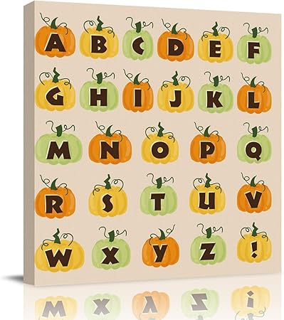 Amazon Com Yokou Canvas Wall Art Halloween Fall Pumpkin Gain Alphabet Letter Framed Square Oil Painting Artwork Print On Wrapped Canvas For Walls For Kitchen Living Room 16 X16 Posters Prints