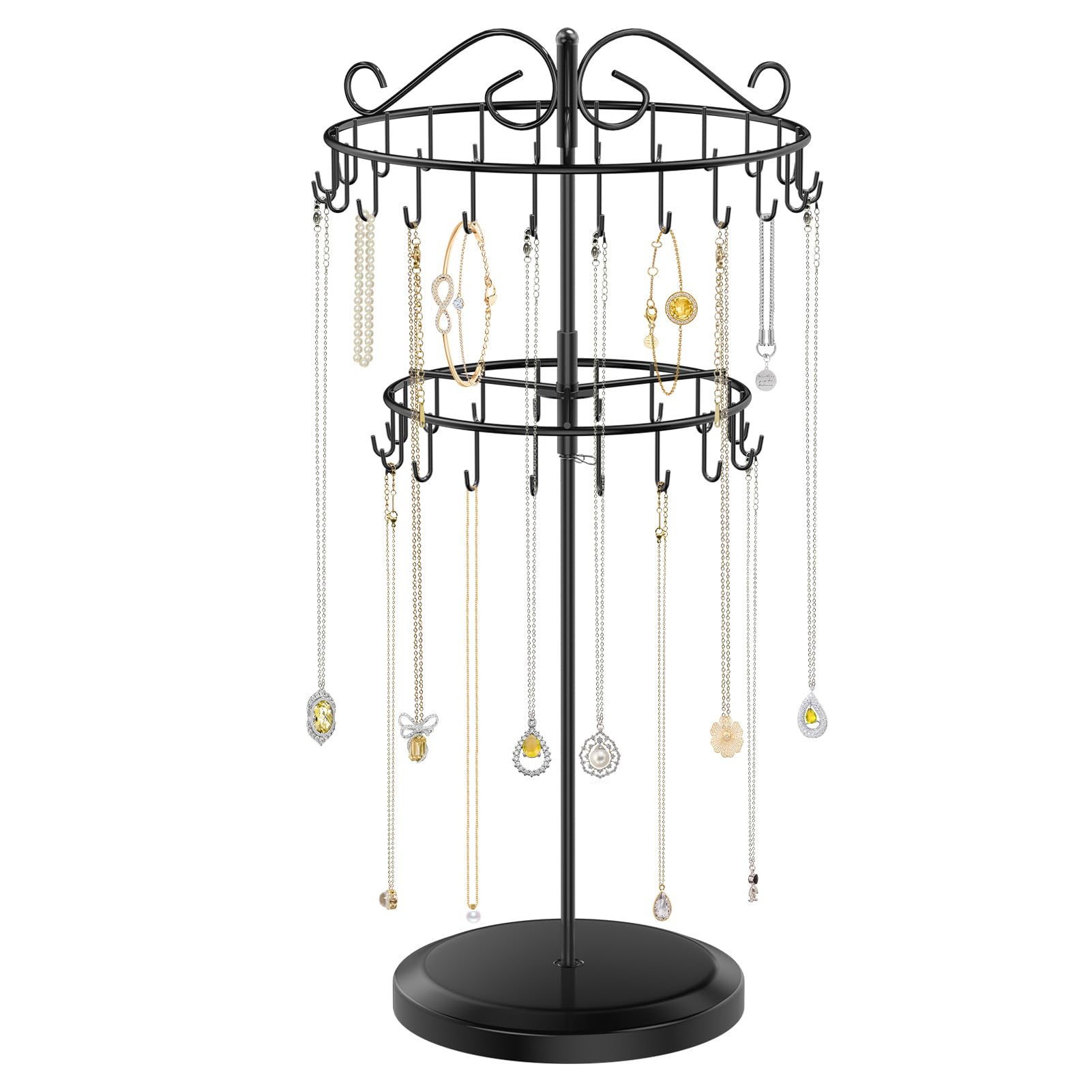 Photo 1 of iDavosic.ly 2 Tier Rotating Necklace Holder Organizer with 42 Hooks, Adjustable Metal Bracelet Display Stand Rack, Extra Tall Keychain Spinning Tree Tower for Women, Black