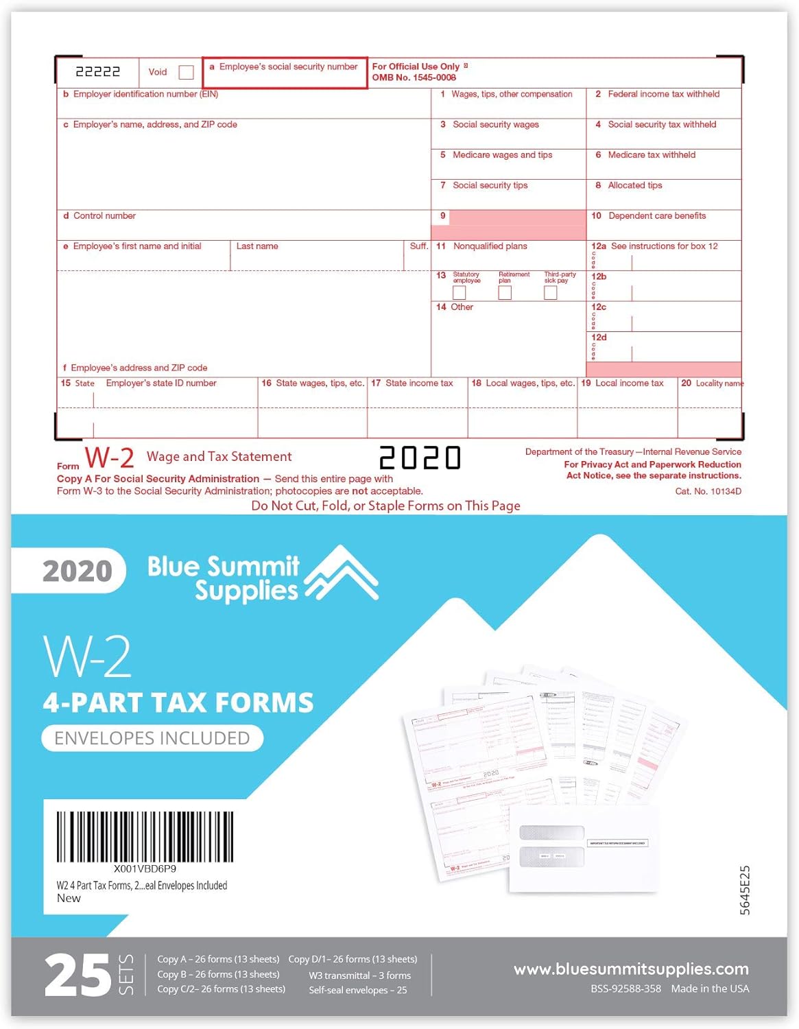 W2 Forms 2020, 4 Part Tax Forms, 25 Employee Kit of Laser Forms, Compatible with QuickBooks and Accounting Software, 25 Self Seal Envelopes Included : Office Products