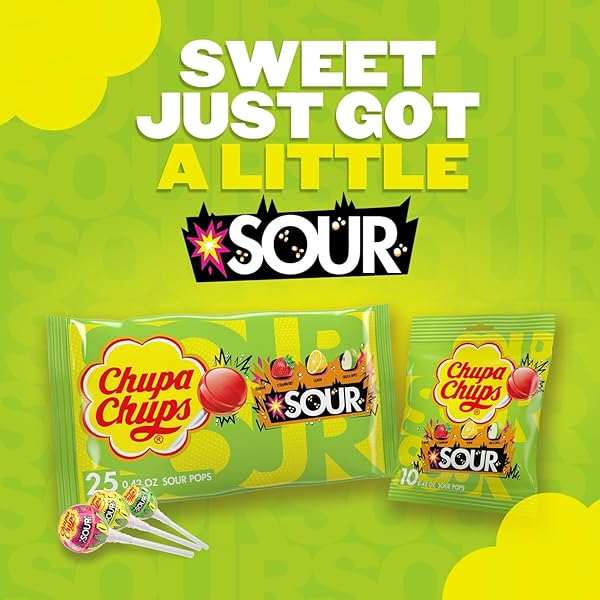 CHUPA CHUPS SOUR LOLLIPOPS, VARIETY PACK, LEMON, STRAWBERY & APPLE FLAVORED, INDIVIDUALLY WRAPPED BULK SOUR CANDY SUCKERS FOR ADULTS & KIDS, BAG OF 25