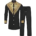 ZSJR Mens African 2 Piece Set Metallic Traditional Suit Gold Stamp Printed African Dashiki Shirt and Pants Outfit