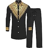 ZSJR Mens African 2 Piece Set Metallic Traditional Suit Gold Stamp Printed African Dashiki Shirt and Pants Outfit