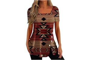 DOVFORD Square Neck Tops for Women Retro Floral Print Split Tee Short Sleeve Tunic Tshirt Summer Dressy Casual Ladies Blouses