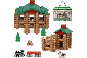 Wondertoys 208 Pcs Wooden Log Set - Classic Building Logs Ages 3+ - Best Retro Building Gift Set for Boys - Creative Construction Engineering Educational Gifts
