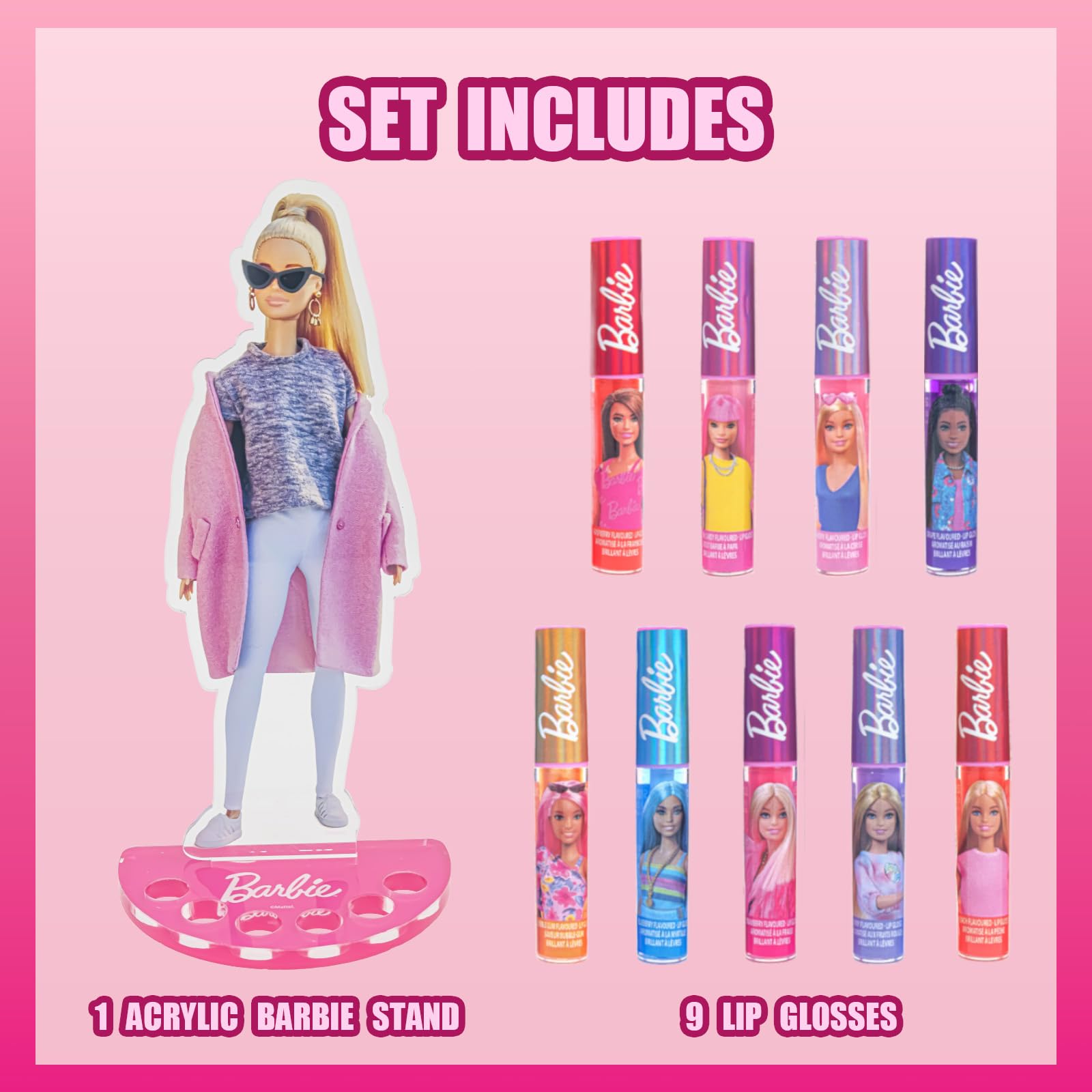 Barbie Lip Gloss with Acrylic Stand for Storage and Display, Plant Based Lip Gloss, Perfect for Parties, Sleepovers, Makeovers, Birthday Gift for Girls, Age 3+, by Townley Girl