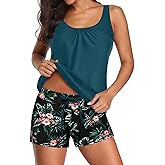 Aqua Eve Two Piece Women's Tankini Swimsuits Blouson Swim Tank Top with Shorts Modest Bathing Suits