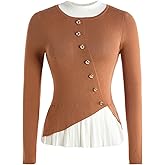 winkbay Women's Button Front Mock Neck Sweater Vintage Pleated Long Sleeve Dressy Casual Knit Pullover Tops