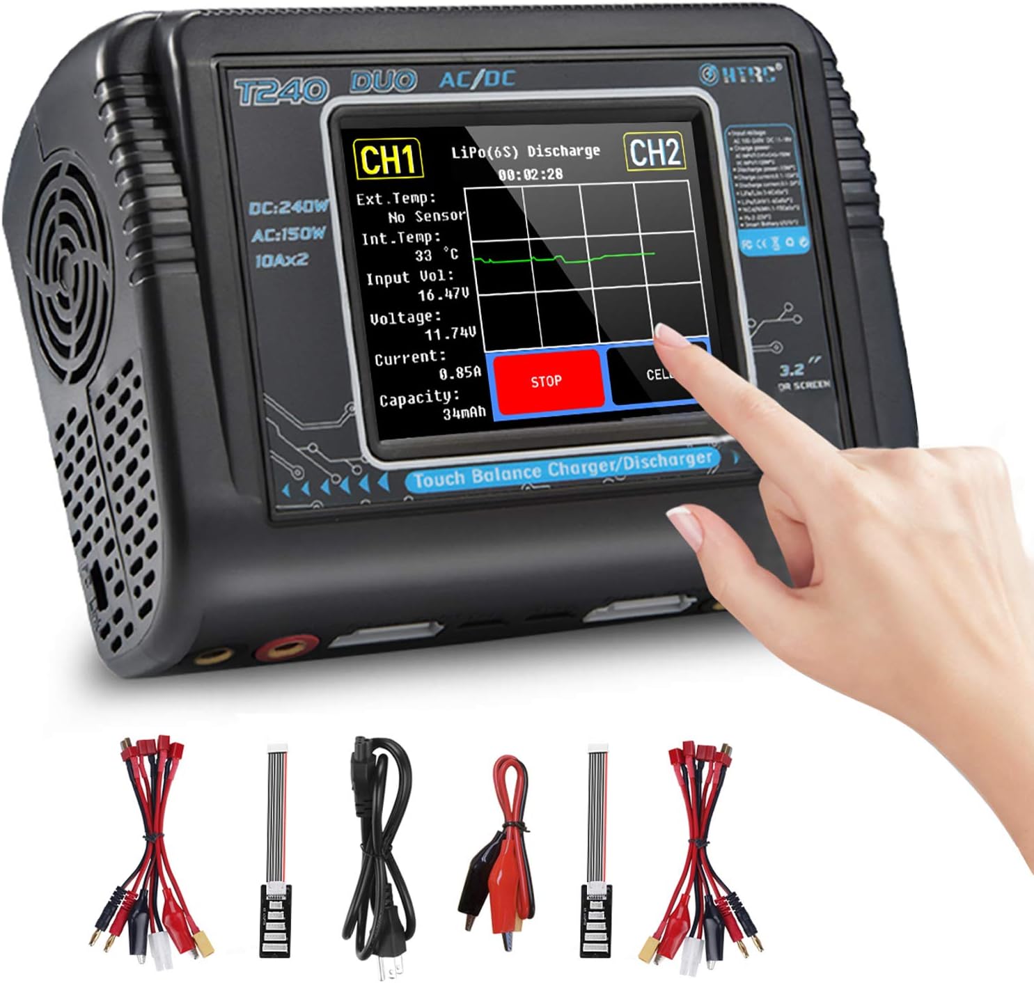 Lipo Battery Charger Touch Screen Dual Balance Discharger Duo AC150W DC240W 10A T240 1-6S RC Li-ion Life NiCd NiMH LiHV PB Smart Battery: Toys & Games