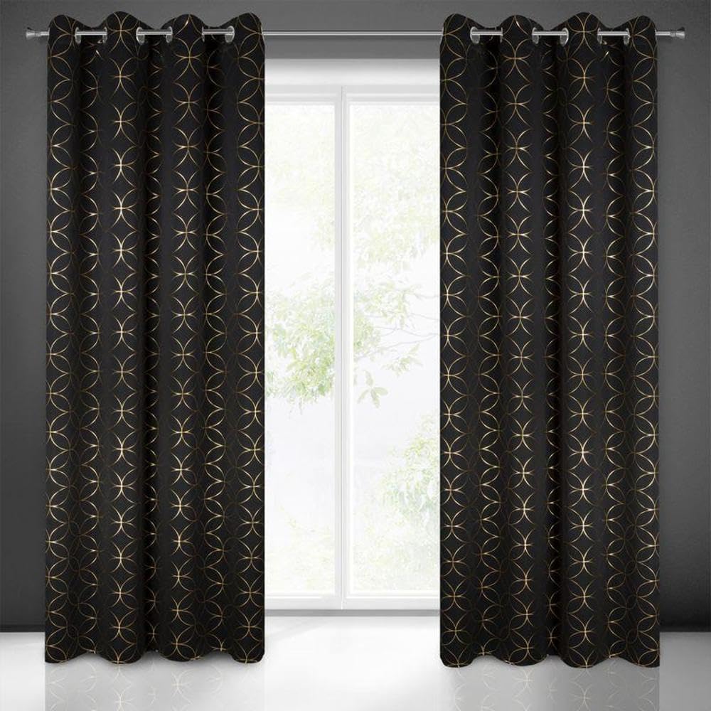 Eurofirany Blackout Light Insulating Darkening Pattern Curtain 8 Eyelets 1 Piece Elegant Straight Plain Black Living Room Bedroom Lounge 140 x 250 cm