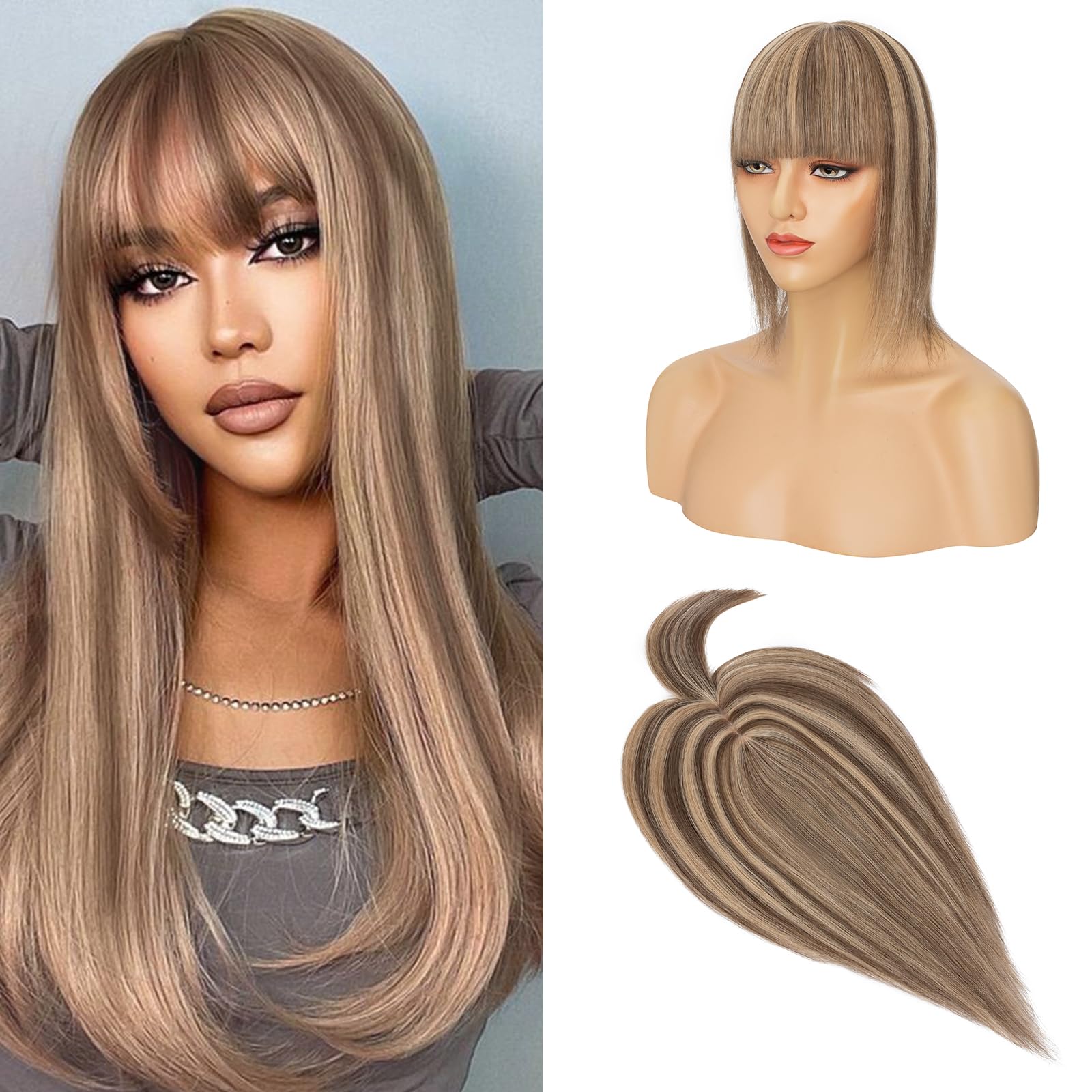 S-noilite Human Hair Toppers With Bang for Thinning Hair Women Real Hair Topper Clip In Hair Extensions 100% Remy Real Human Hair 48g（#4/27-1 Medium Green Brown/Blonde, 16 Inch)