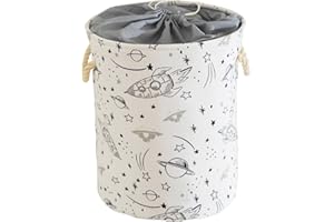 INough Baby Laundry Basket, Foldable Baby Hamper for Nursery Kids Hamper with Handle Toys Storage Bin Toys Box Organizer with Drawstring Closure, Kids Room Decor (Spacecraft)