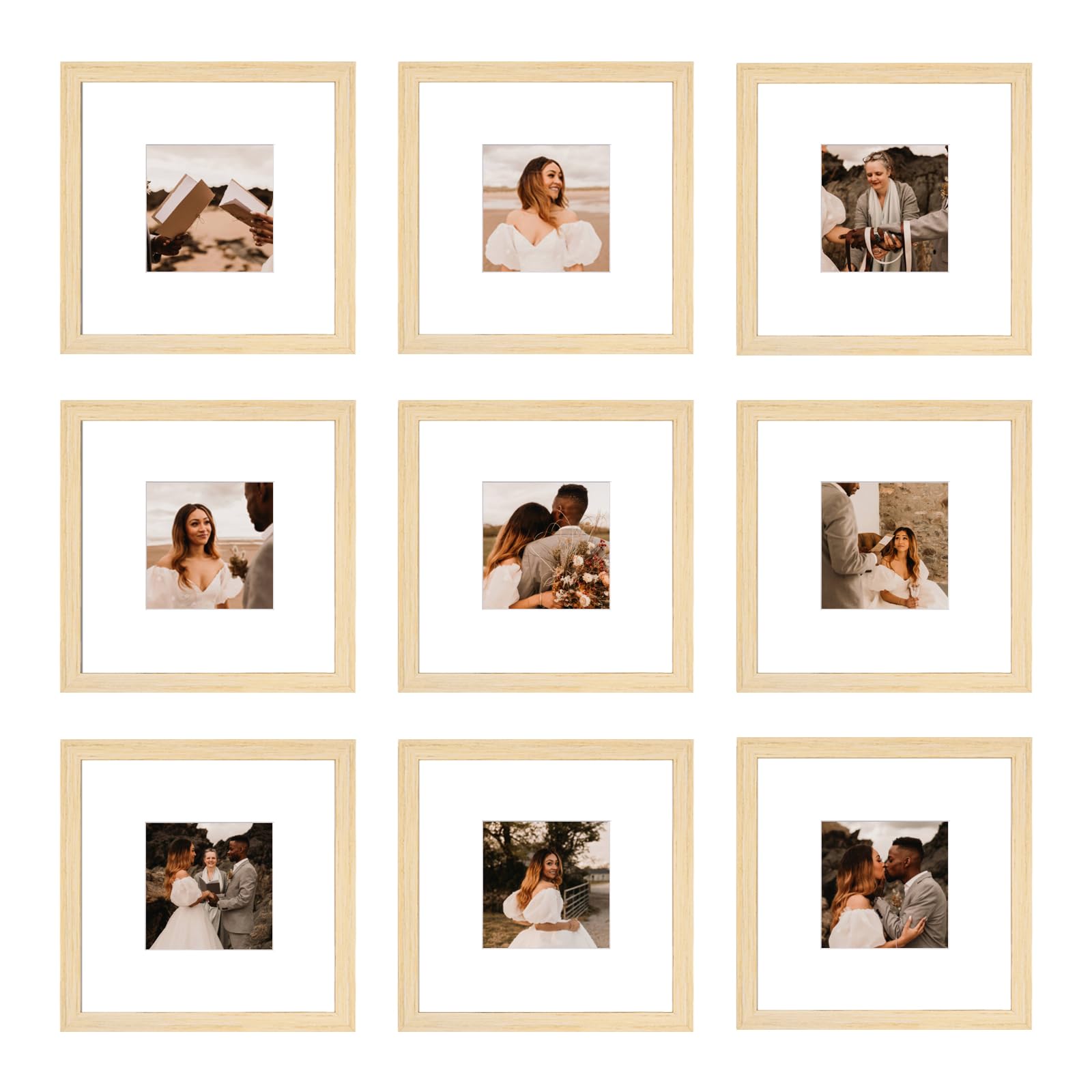 BSRHOME 8x8 Picture Frame Set of 9, Display Pictures 4x4 with Mat or 8x8 without Mat, Multi Collage Gallery Square Photo Frames for Wall or Tabletop, Natural Wood