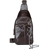 BULLCAPTAIN Genuine Leather Sling Bag for Men Crossbody with Cellphone Stand Chain Chest Shoulder Backpack Daypack XB-520