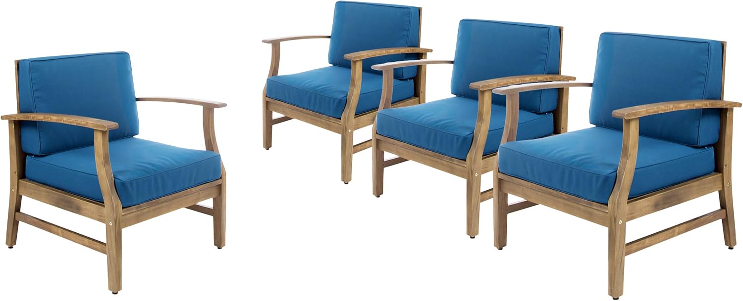 Christopher Knight Home 302226 Perla Outdoor Acacia Wood Club Chairs with Water Resistant Cushions (Set of 4), 4-Pcs Set, Teak Finish/Blue