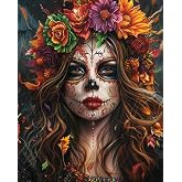 Day of the Dead Skull Flowers Oil Painting Paint by Number Kits 16 x 20 inch Canvas Painting Halloween Woman Portrait DIY Oil Painting for Adults Beginner with Brushes Acrylic Pigment(without Frame)