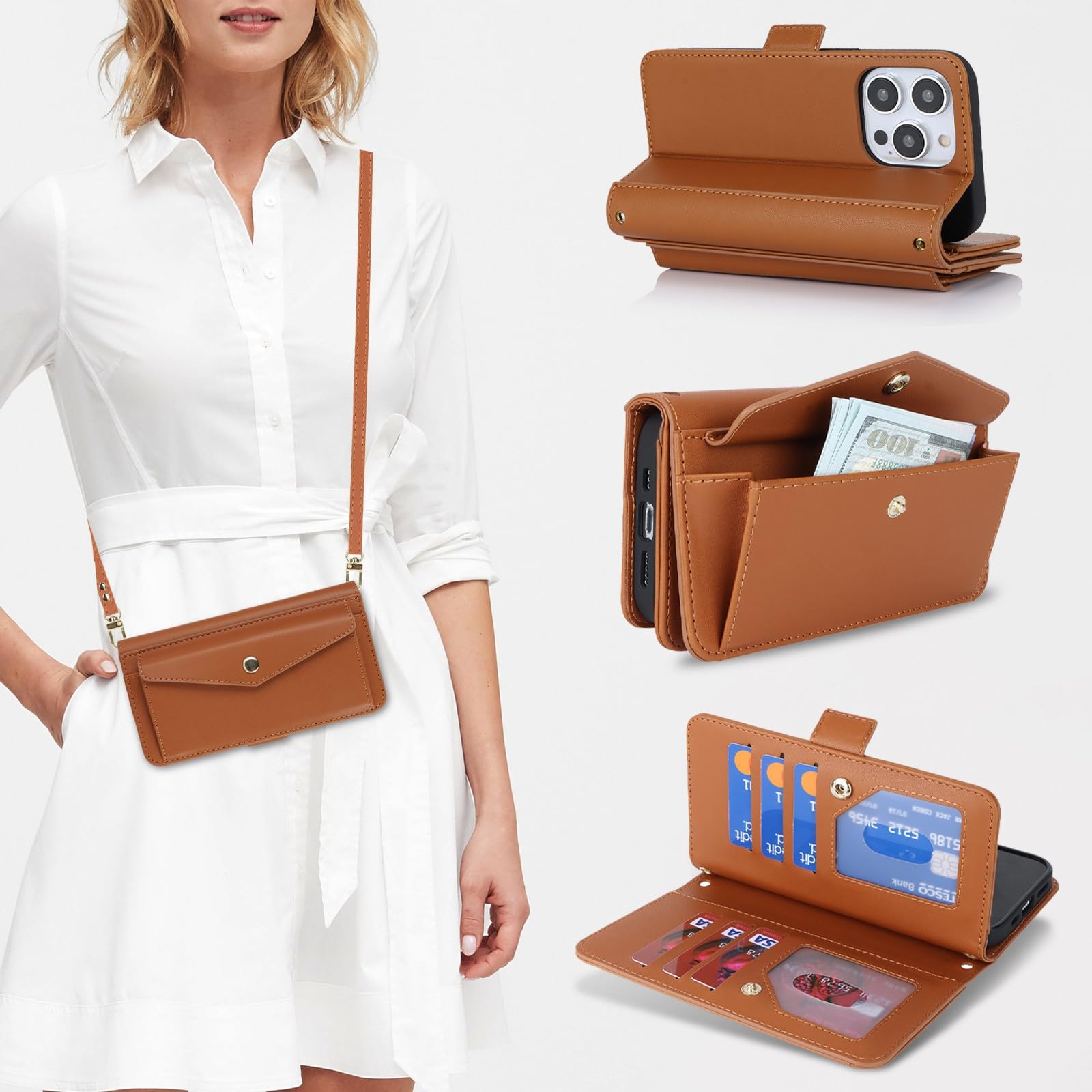 Zouzt for iPhone 15 Pro Wallet Case for Women, Purse with Credit Card Holder Slots Crossbody Lanyard Strap Flip Folio Book Shockproof Protective Cover for Apple iPhone 15 Pro 6.1 Inch (Brown)