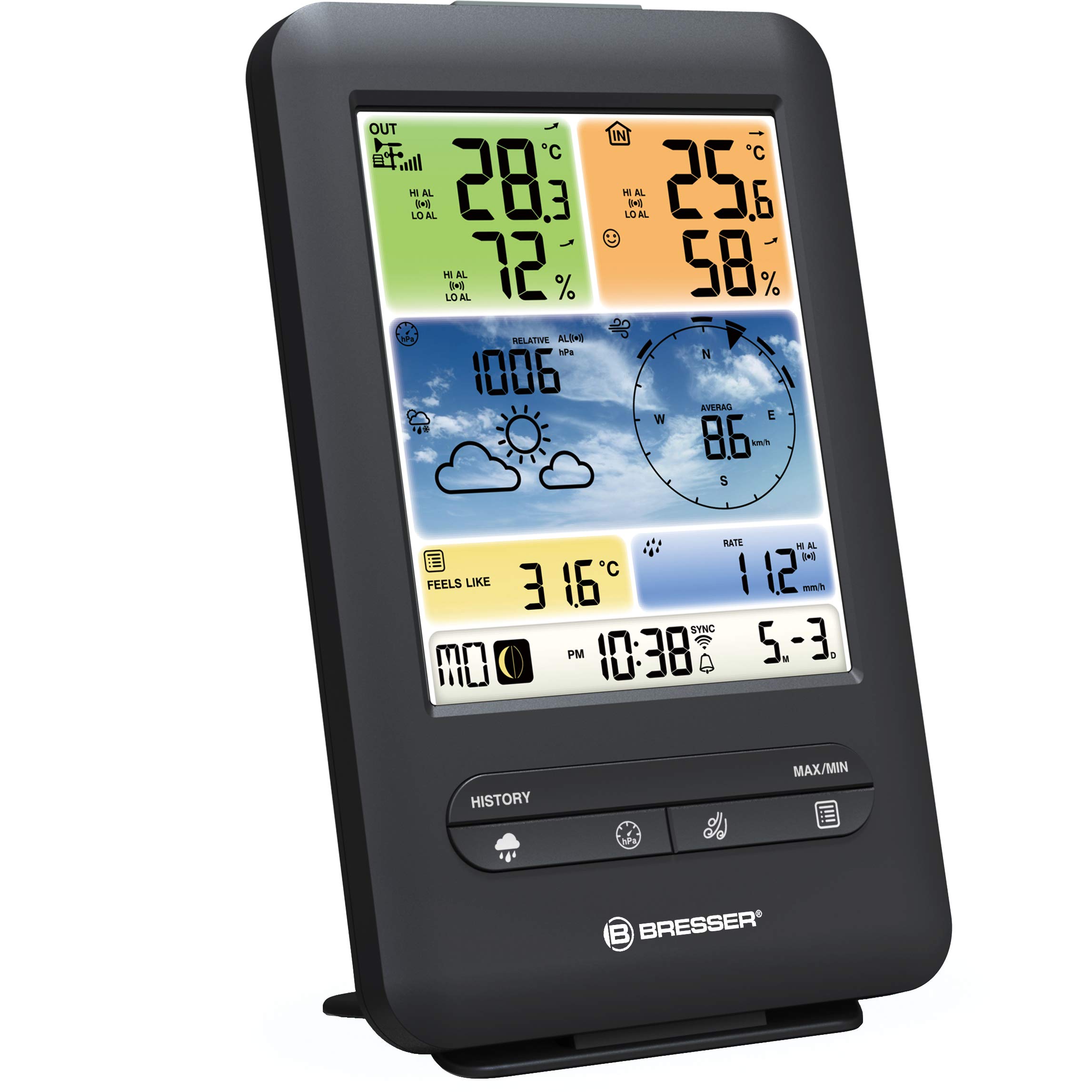 Bresser Wetterstation Funk mit Außensensor WLAN Farb-Wetter Center 5-in-1 mit Außensensor für Temperatur, Luftfeuchtigkeit, Luftdruck, Windmesser und Regenmesser, Schwarz 5