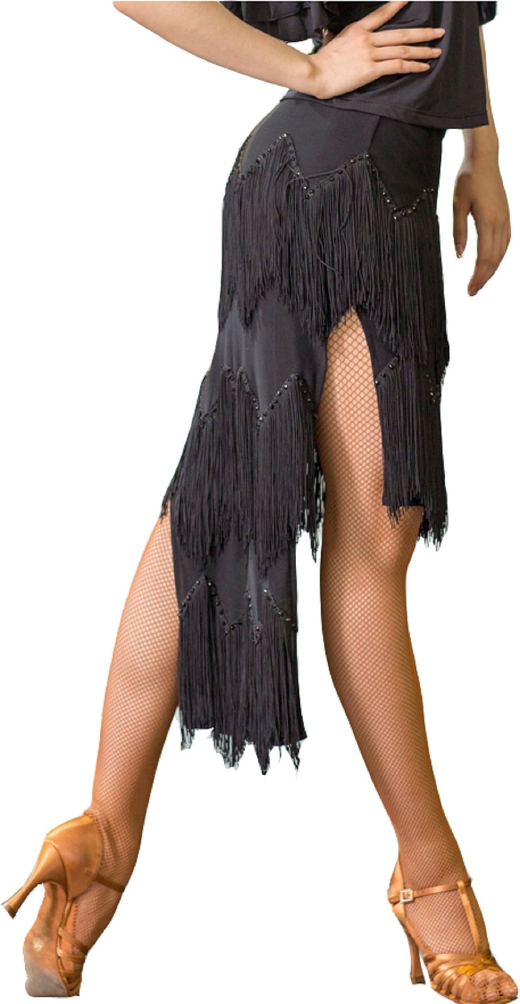 JEZISYMA Layered Fringed Tassels Black Crystal Latin Salsa Ballroom Practice Dance Skirt