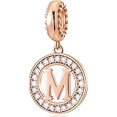 CHAWIN Initial A-Z Letter Charm Bead, Alphabet Charms Rose Gold, Authentic 925 Sterling Silver Charms fit Pandora Charm Bracelets, Necklace, Circle Dangle Charm for Women, Sparkling Clear Stone