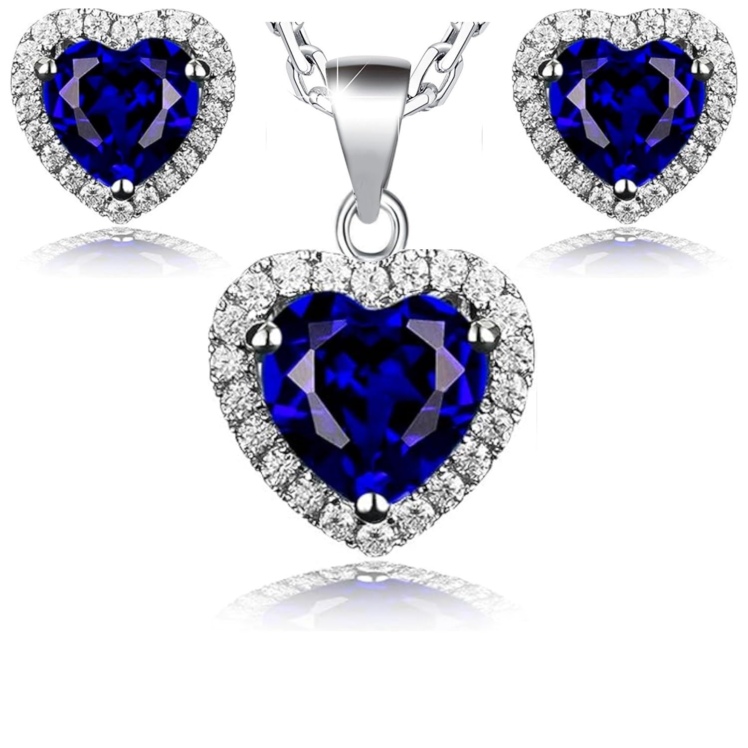 Crystalline Azuria Women Girls 18ct White Gold Plated Blue Simulated Sapphire Zirconia Crystals Hearts Set Pendant Necklace 17.7 inches Stud Earrings