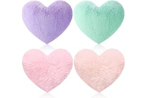 Remerry 4 Pcs Heart Shaped Cute Throw Pillows Faux Rabbit Fur Heart Pillow Fluffy Throw Cushion Decorative for Bedroom Bed Sofa Kid Girls Sleepover Part(Bright Color)