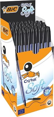 Cristal Soft Stylos-Bille Pointe Moyenne (1,2 mm) - Corps Bleu Ciel - Écriture Douce et Fluide - Noir, Boîte de 50