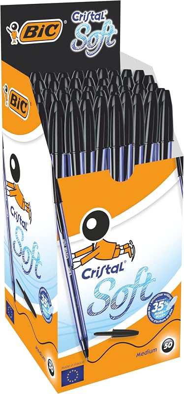 Cristal Soft Stylos-Bille Pointe Moyenne (1,2 mm) - Corps Bleu Ciel - Écriture Douce et Fluide - Noir, Boîte de 50