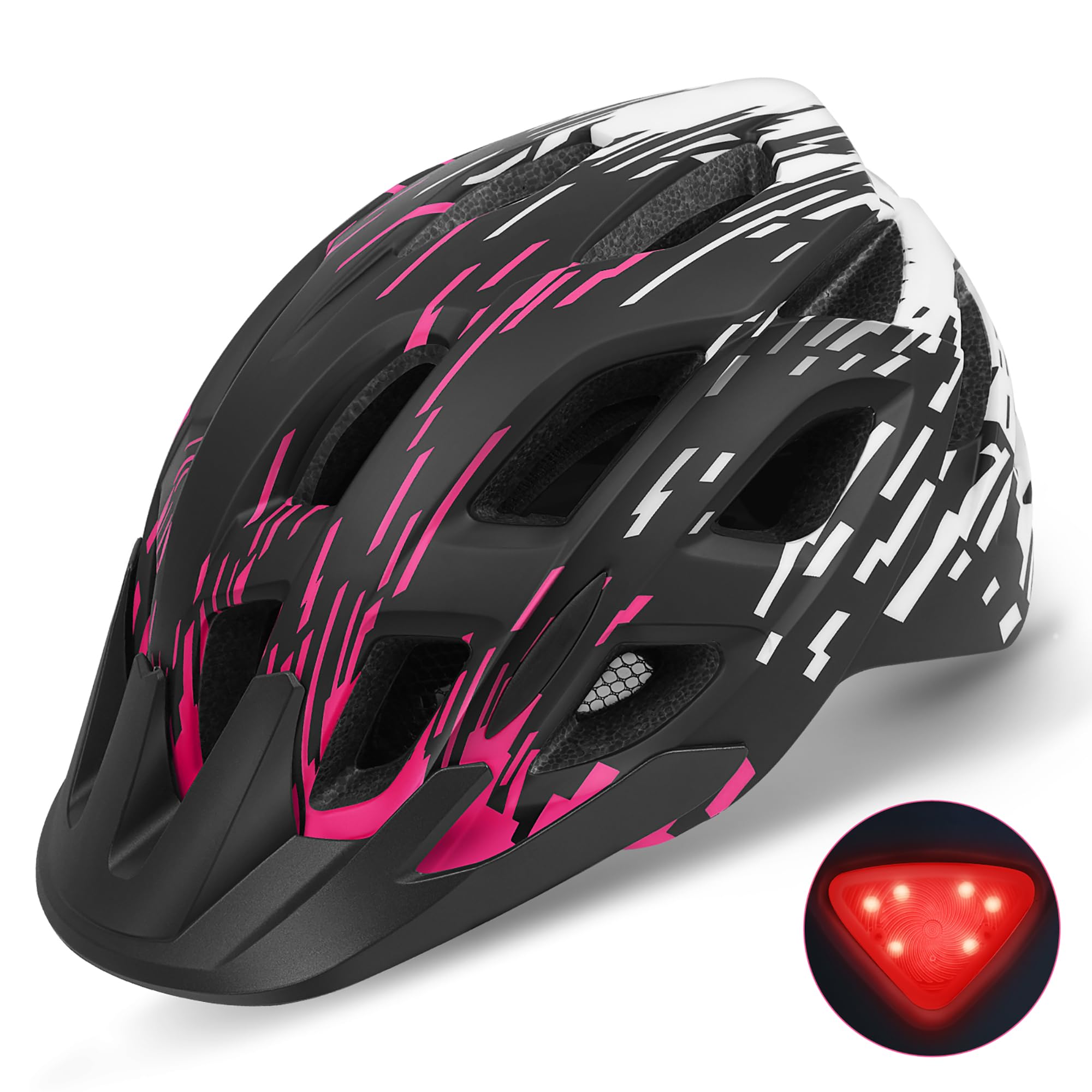 Bike Helmet, Lightweight Bicycle Helmets with Tail Light & Detachable Visor, 21 Vents Cycling Helmet for Adults, Mountain & Road Cycle Helmet for Men Women Adjustable Size 58-61cm(Black+Rose)