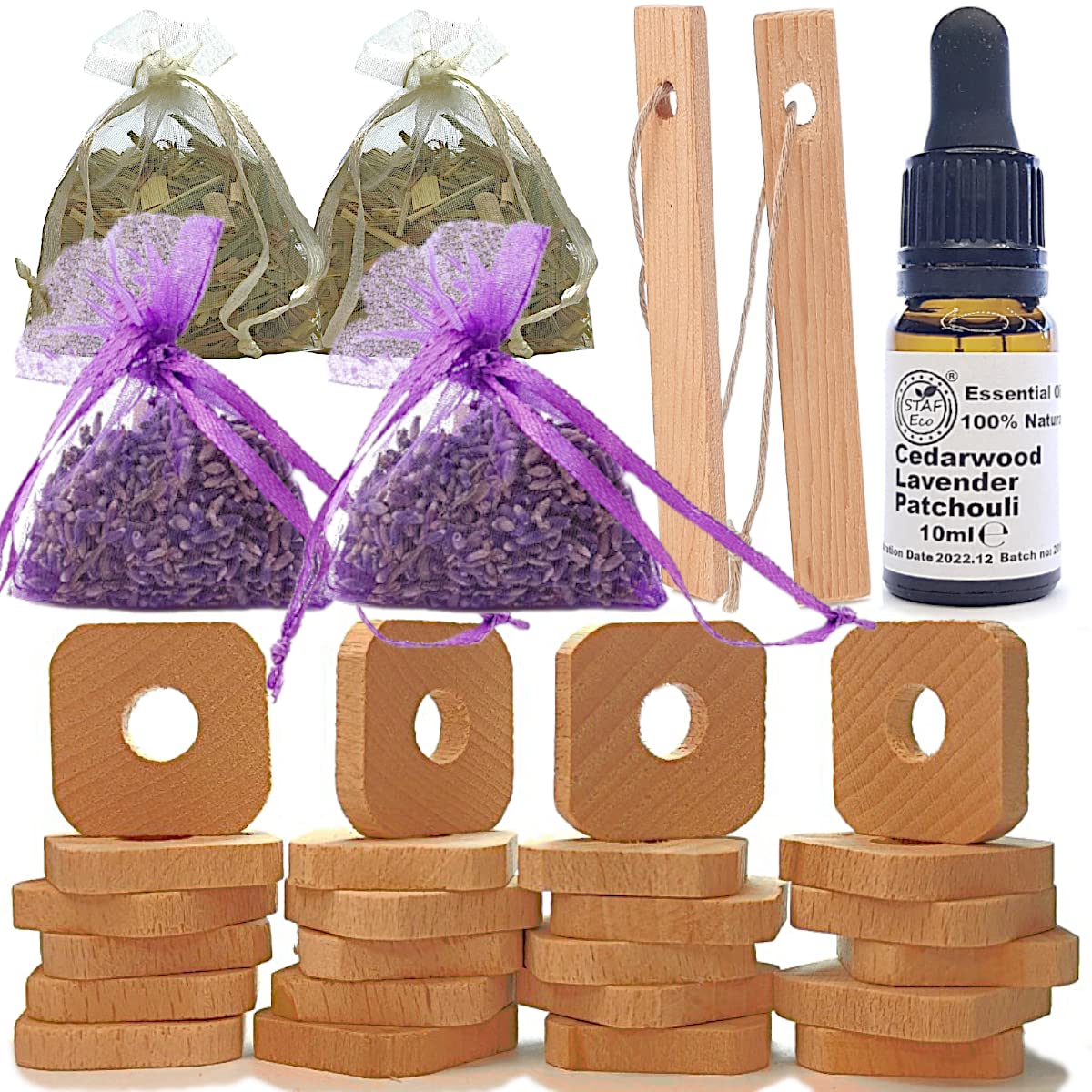 STAFECO Moth Repellent for Wardrobes 24 Wood Rings (Beech wood) with Oil (Lavender Cedarwood Patchouli) Natural 100% 2 Lavender Bags 2 Lemongrass (Medium B1)