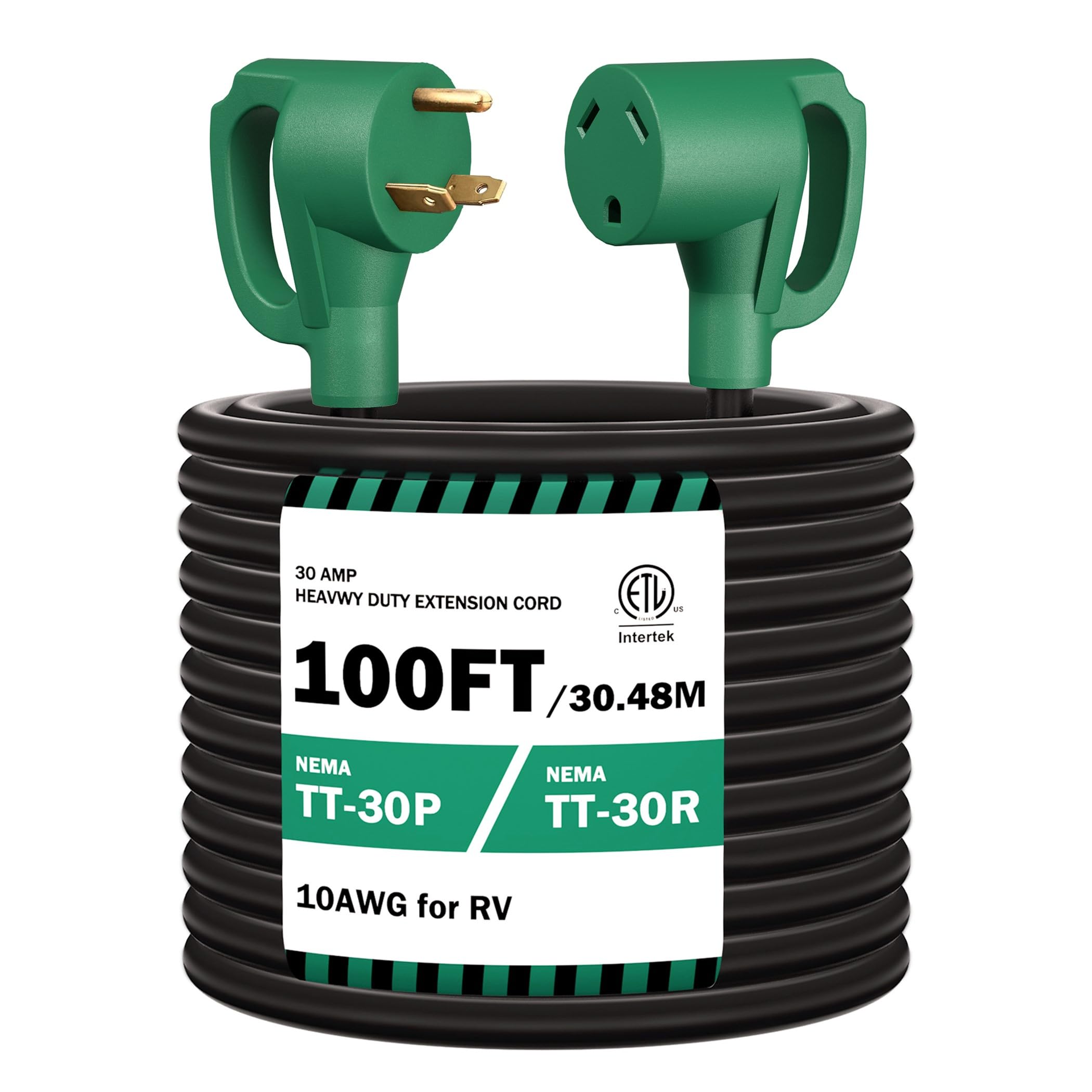 STRIGHT 100FT RV Extension Cord 30 Amp, RV Power Extension Cord NEMA TT-30P Male to TT-30R Female Heavy Duty 10 AWG STW 3-Wire for RV Trailer Campers 125V, 3750W, ETL Listed (100FT 30AMP), Green Plug Image