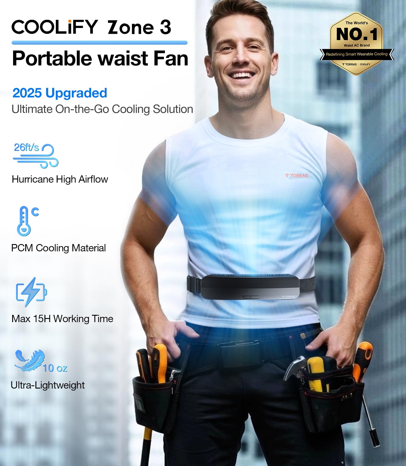 TORRAS 2025 Top Portable Waist Fan COOLiFY Zone 3, Ultra-Light Personal Wearable Belt Fan, 26ft/s Strongest Wind for Full Body Cooling【No.1 Cooling Area & Cool Tech】 Rechargeable for Outdoor/Jobsite