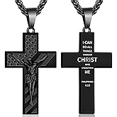 Esrial Easter Basket Stuffers- Mens Gifts Cross Necklace for Men, Crucifix Bible Verse Jesus Pendant Stainless Steel 18+2" Christian Baptism Confirmation Religious Gifts for Men