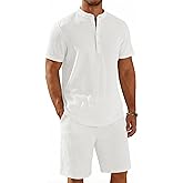 COOFANDY Men's 2 Piece Summer Beach Outfits, Textured Casual Henley Shirt and Shorts Set