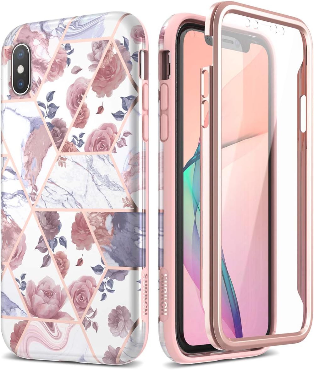 SURITCH Marble iPhone Xs Max Case, [Built-in Screen Protector] Natural Marble Full-Body Protection Shockproof Rugged Bumper Protective Cover for iPhone Xs Max Case 6.5 inch (Rose Marble)