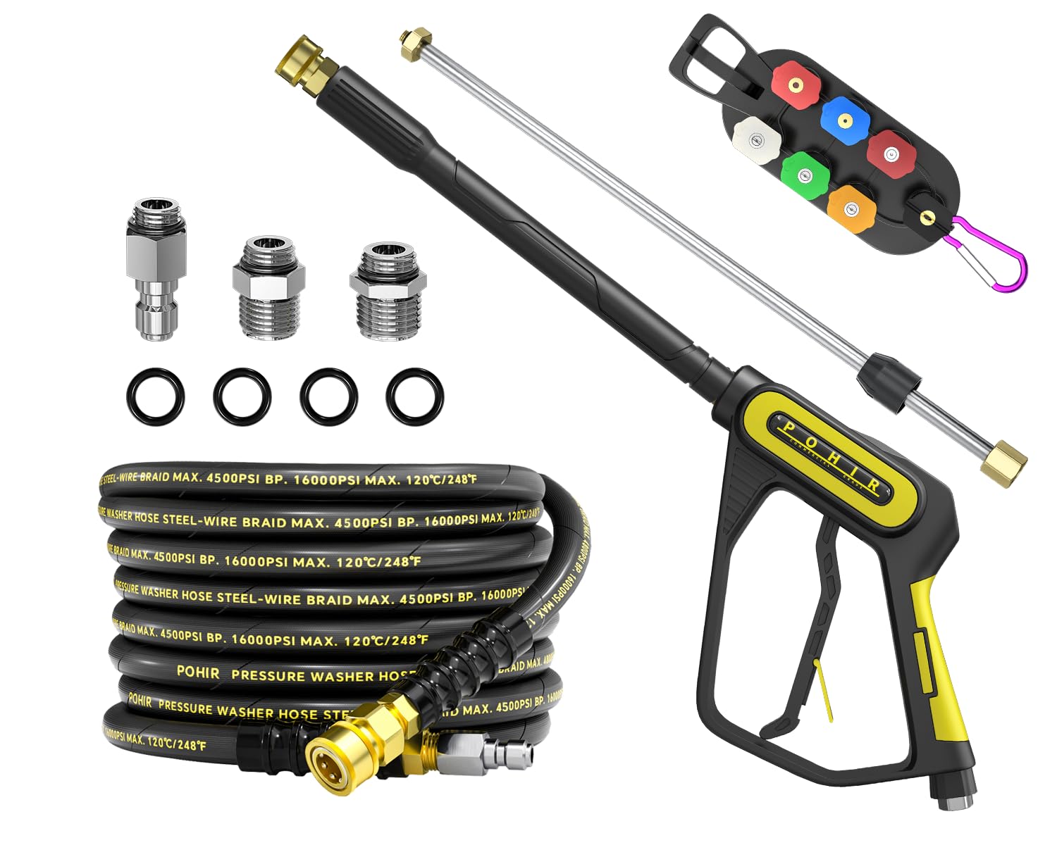 Photo 1 of POHIR Pressure Washer Gun and Hose 4500PSI Kit, 25FT Power Washing Hose Steel Braided 3/8'' Quick Connector with 40'' Extension Wand & M22-14/15mm Fitting & 7 Nozzle Tips for Cleaning
