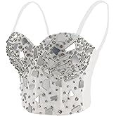 ELLACCI Sexy Glass Mirror Diamond Bustier Crop Top Push up Corset Top with Detachable Straps