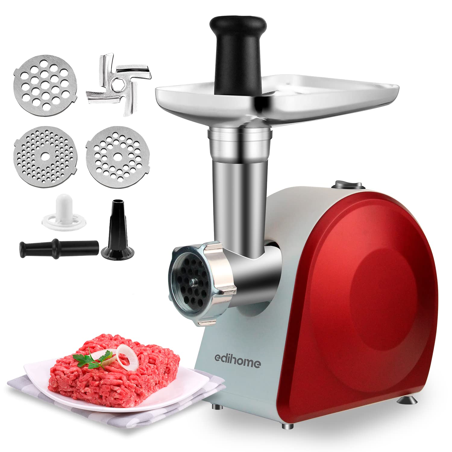 Edihome Edihome, Hachoir A Viande Electrique, Avec Poussoir A Saucisse, Hachoir À Viande Professionnel, 2200W, Multifonction Avec 3 Plaques De Coupe (Rouge/Blanc)