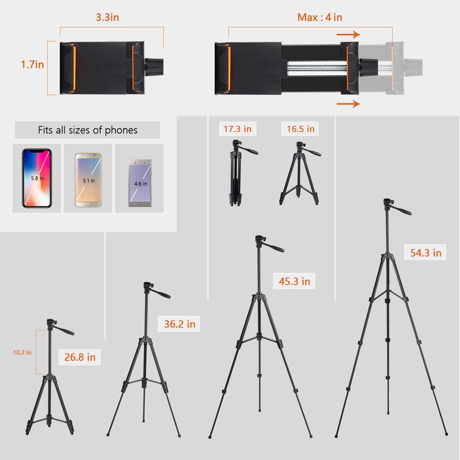 PHOPIK Lightweight Phone Tripod 55-Inch, Video Tripod with 360 Panorama and 1/4” Mounting Screw for Mirrorless/Gopro/DSLR Camera, Phone Holder for Smartphone, Max Load 6.6 Lbs, Carry Bag Inclued. : Camera & Photo
