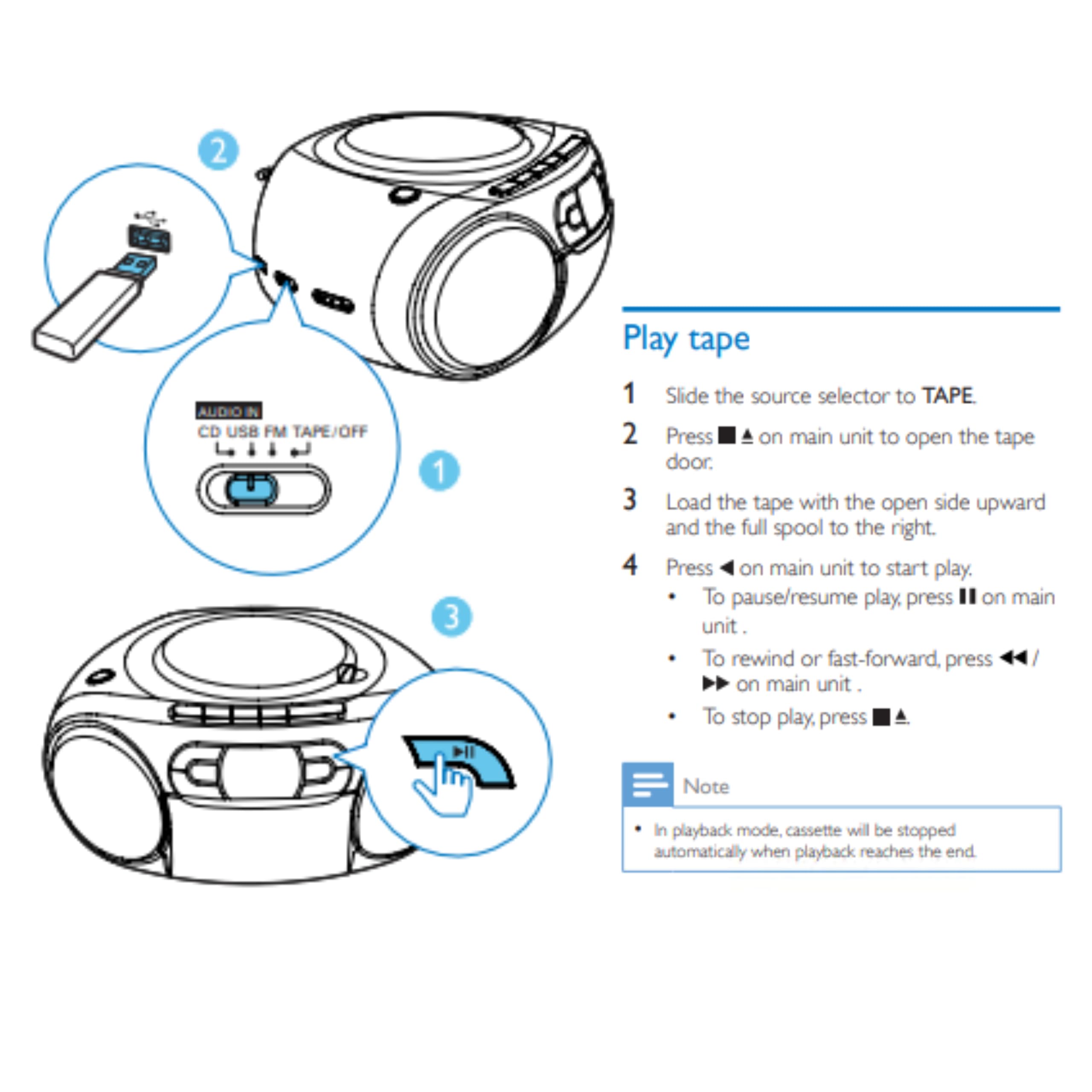 PHILIPS Portable CD Player Boombox - Portable MP3 Player and Cassette Tape Player, Boom Box Compact Stereo Sound System with Dynamic Bass Boost, Take Your Music Outside with USB HiFi Music Player