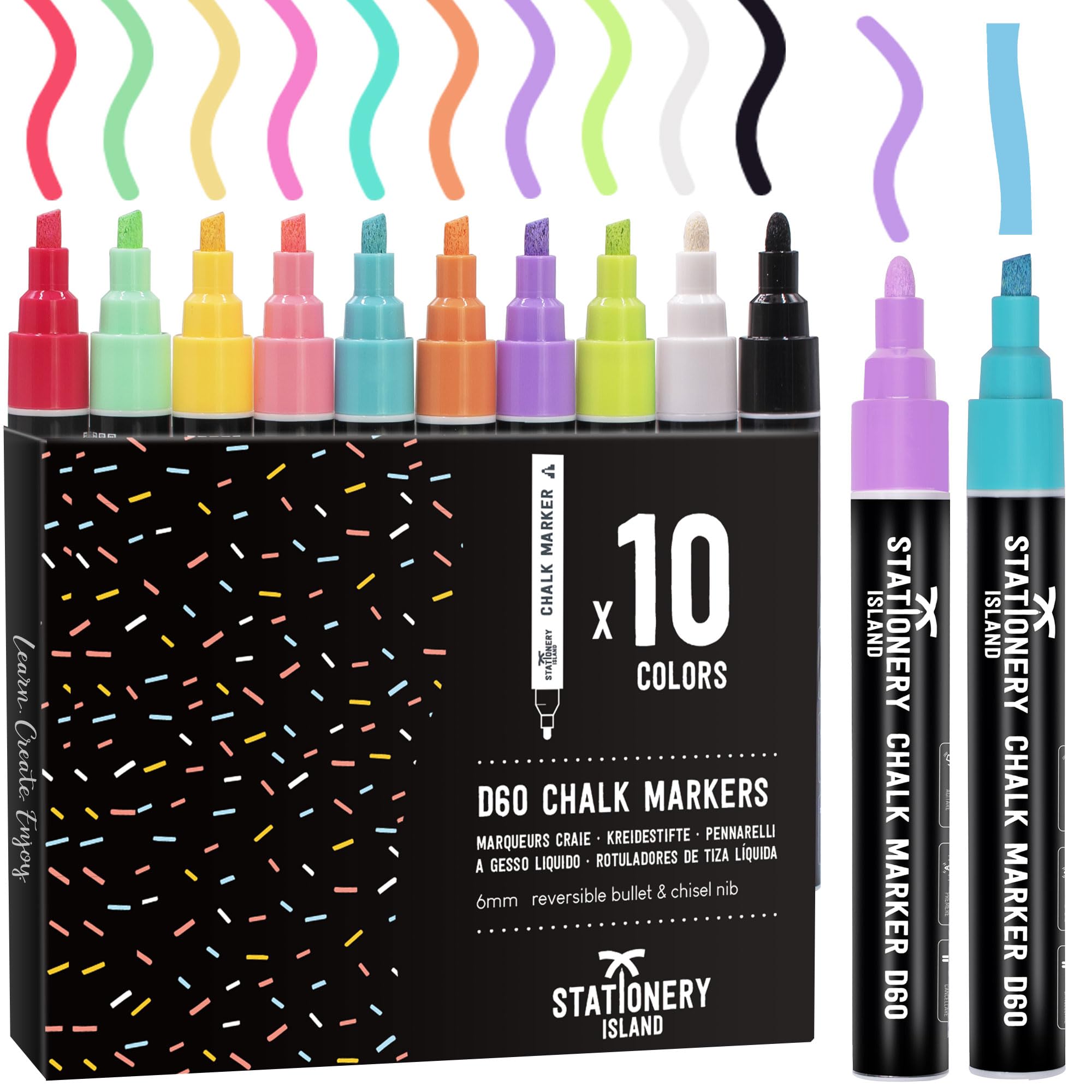 STATIONERY ISLAND Chalk Pens, Pack of 10 Macarone Colors (8 Colors & 1 White & 1 Black), Chalkboard Pens for Window and Glass, Wipeable, Non-Toxic, Multi-Surface Use