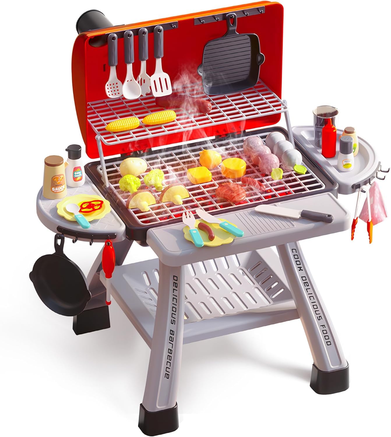 CUTE STONE Kinder BBQ Grill Spielzeug, Küche Spielzeug Set, Realistische Rauch BBQ Grill Spielset mit Spielzeug Küche Zubehör,Barbecue per Bambini Rosa