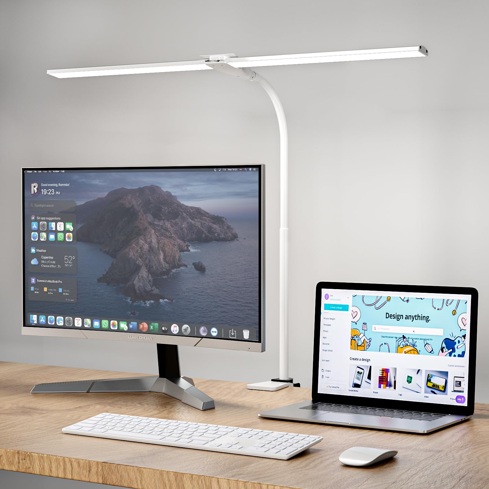 Hensam LED Desk Lamp for Office,Double Head Desk Light with Clamp,Eye-Caring Monitor Light Bar 5 Color Modes,Touch Control Table Lamp for Study,Bedroom,Work,Task,Reading,Adapter,12W,1400 Lumen White