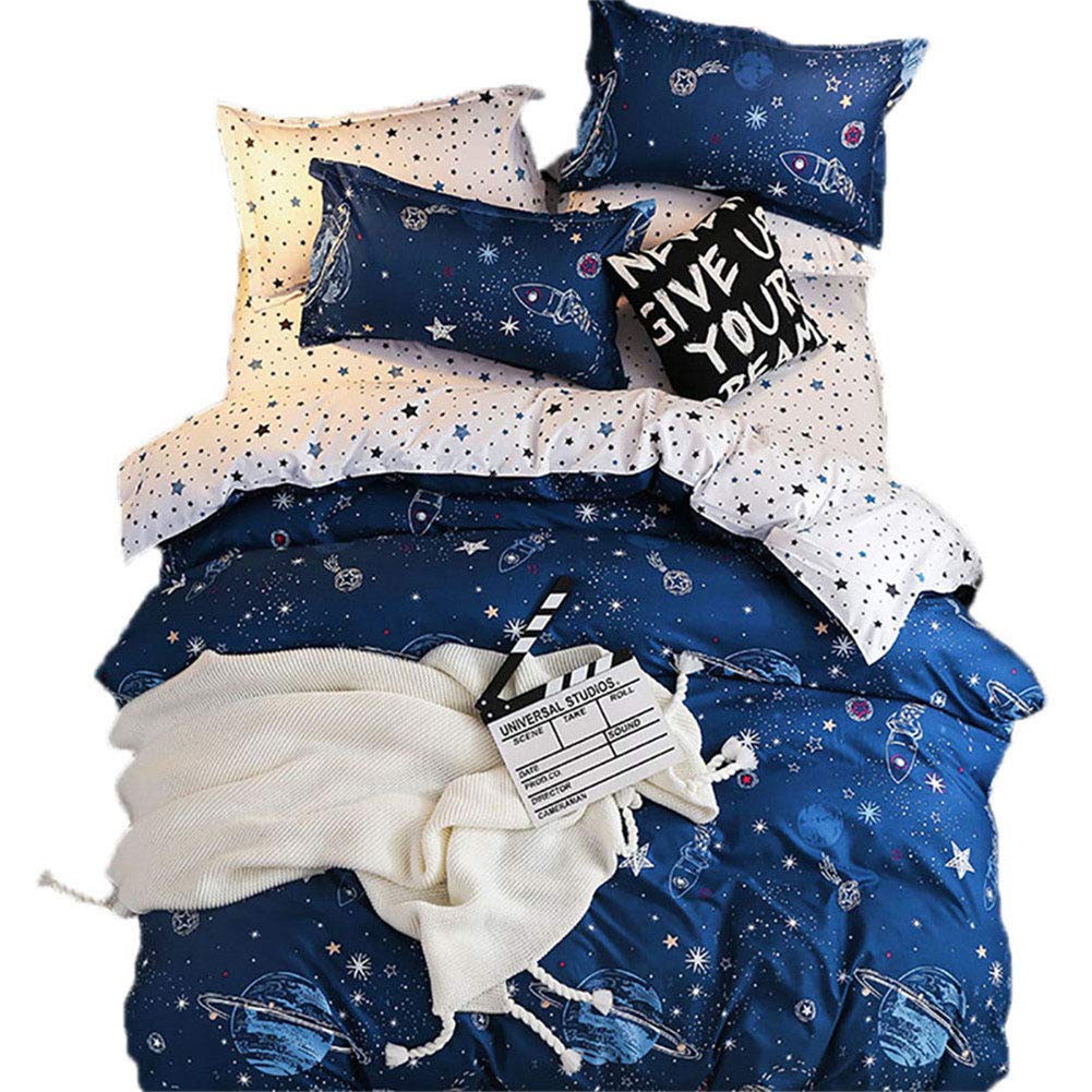 BeddingWish Carton Blue Planets Bedding hides Zipper Reversible Soft Breathable Girls Boys Duvet Cover Sets (Twin)