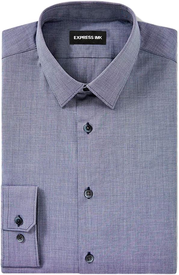 Express Mens 1MX Fitted Button Down Shirt Textured Chambray Blue 0176