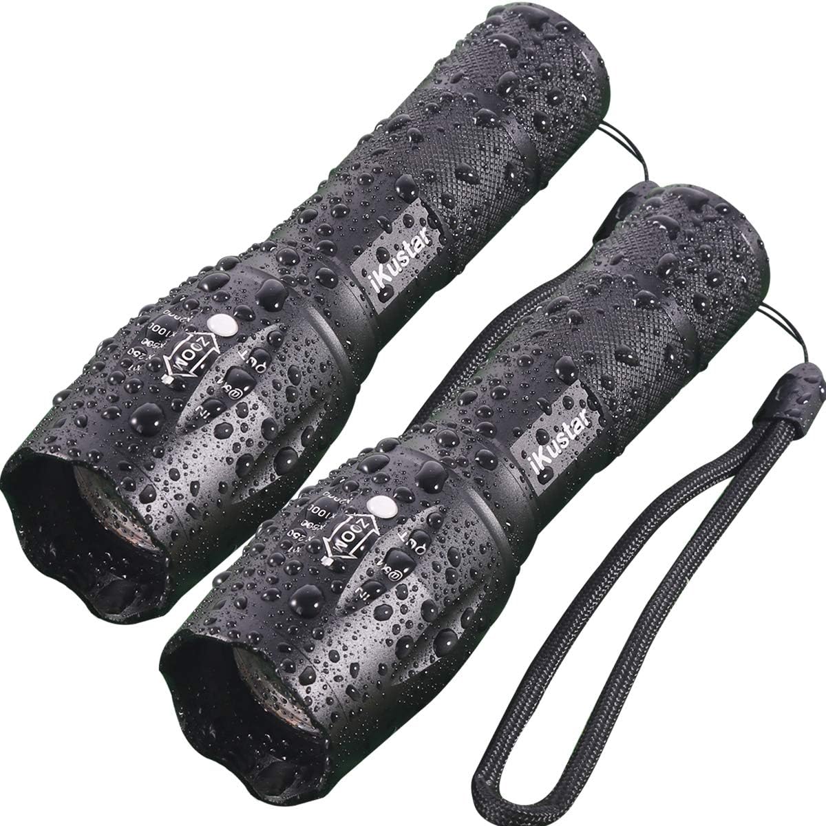 Flashlights iKustar T6 LED Handheld Torches Flashlights Brightness With Adjustable Focus And 5 Light Modes, Outdoor Water Resistant for Comping Hiking etc (Black, T6-2)…