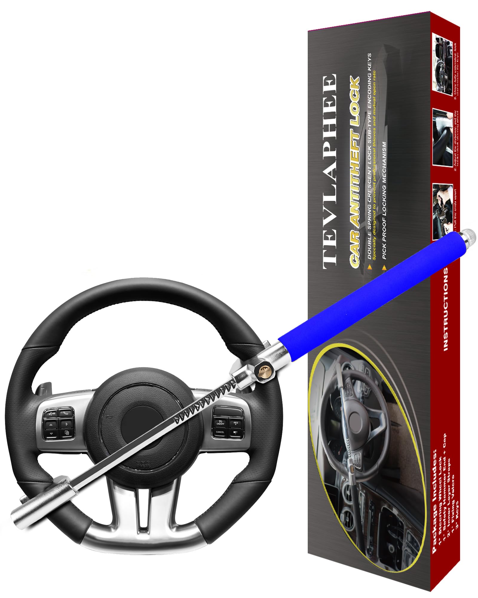Tevlaphee Steering Wheel Lock, Steering Lock, Car Steering Wheel Lock, Vehicle Anti-Theft Lock, Adjustable, Universal Fit, Heavy Duty(Blue)