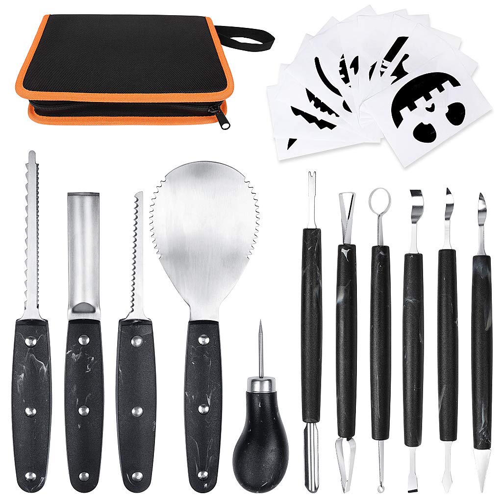 OWUDE Professional Pumpkin Carving Kit - 11 Piece Heavy Duty Stainless Steel Tools for Halloween with Carrying Case and 10 Pcs Templates