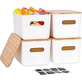 Citylife 4 PCS Storage Bins with Bamboo Lids Plastic Storage Containers for Organizing Stackable Storage Box with Handle, 10.23 x 7.08 x 6.3 inch