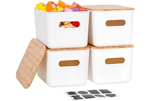 ITYLIFE CITYLIFE Citylife 4 PCS Storage Bins with Bamboo Lids Plastic Storage Containers for Organizing Stackable Storage Box with Handle, 10.23 x 7.08 x 6.3 inch