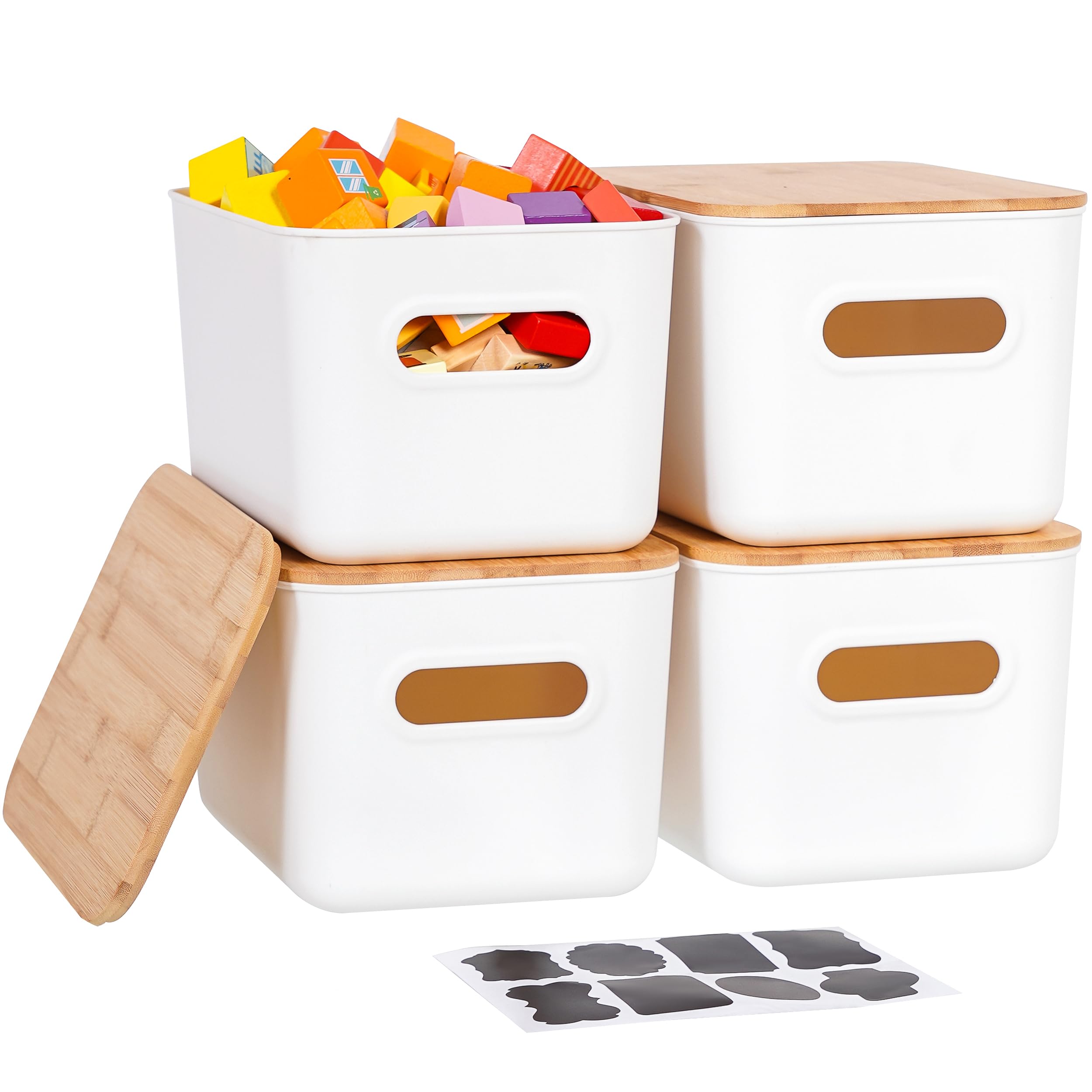 Photo 1 of *NO LIDS** Citylife 4 PCS Storage Bins with Bamboo Lids Plastic Storage Containers for Organizing Stackable Storage Box with Handle, 10.23 x 7.08 x 6.3 inch